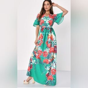NEW Lulu's Still In Paradise Green Floral Print Maxi Dress Size S
